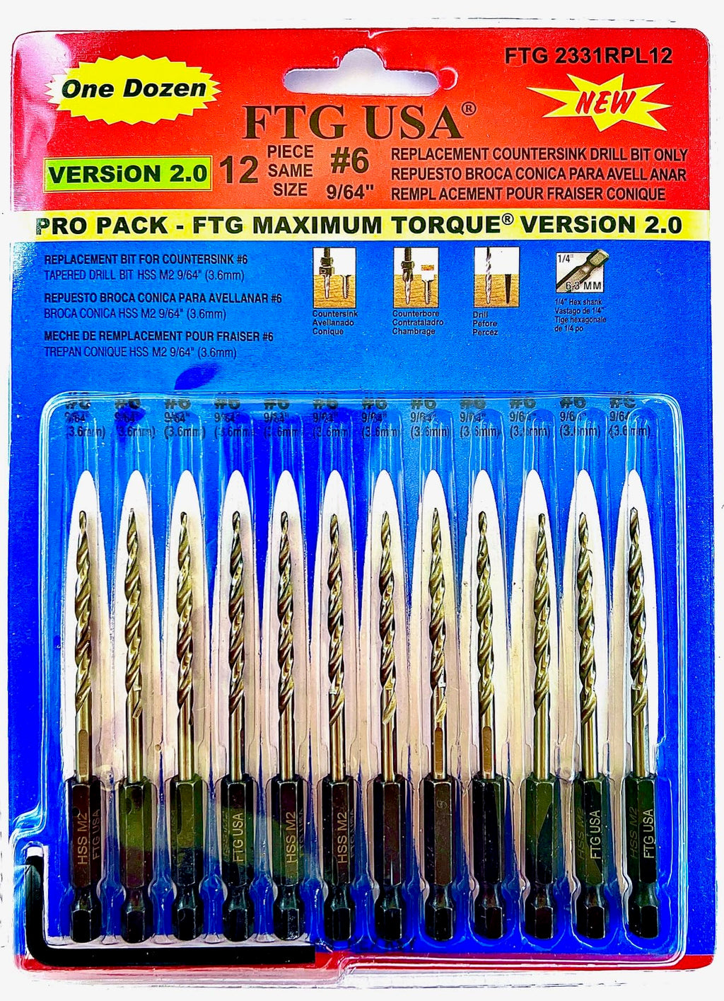 FTG USA 12Pc #6 (9/64") Replacement Countersink Drill Bit Set Tapered Bits