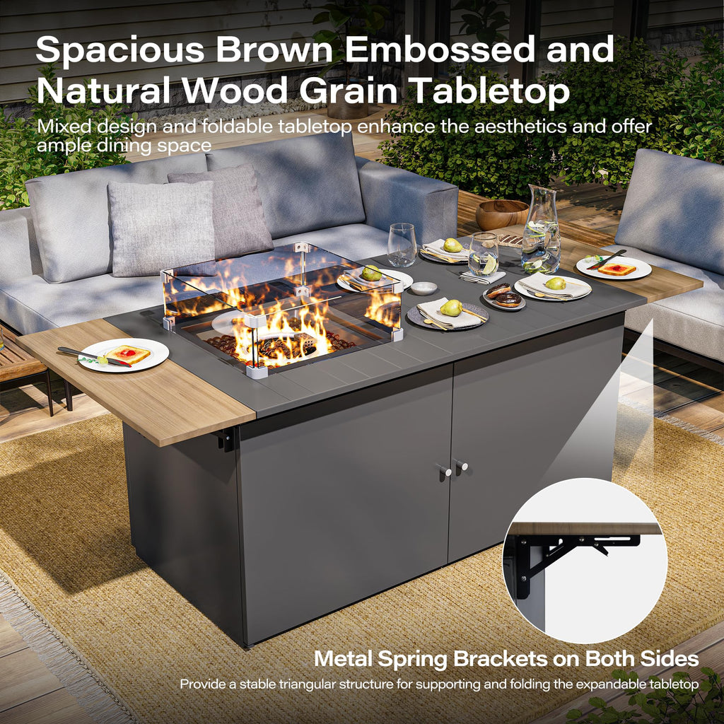 64" Gas Fire Pit Table for Outside Patio, 55,000 BTU Propane Firepit with Expandable Tabletop & Wind Guard-Dark Black