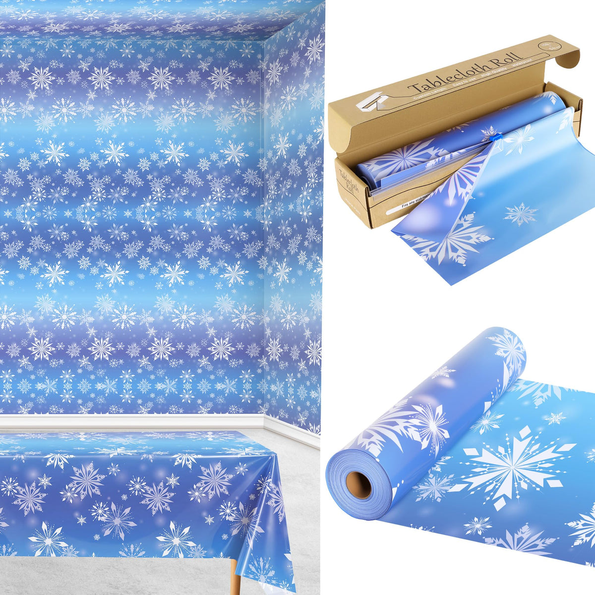 100FT x 54IN Snowflake Plastic Tablecloth Roll with Slide Cutter Box