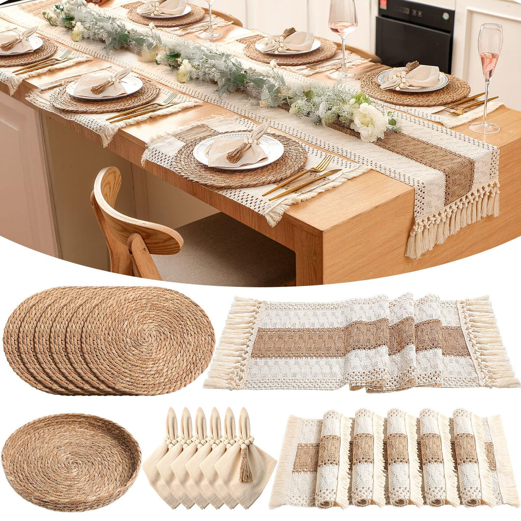 6 Sets Boho Table Runner and Woven Round Placemats Set, Khaki, 12x72