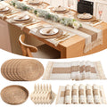 6 Sets Boho Table Runner and Woven Round Placemats Set, Khaki, 12x72