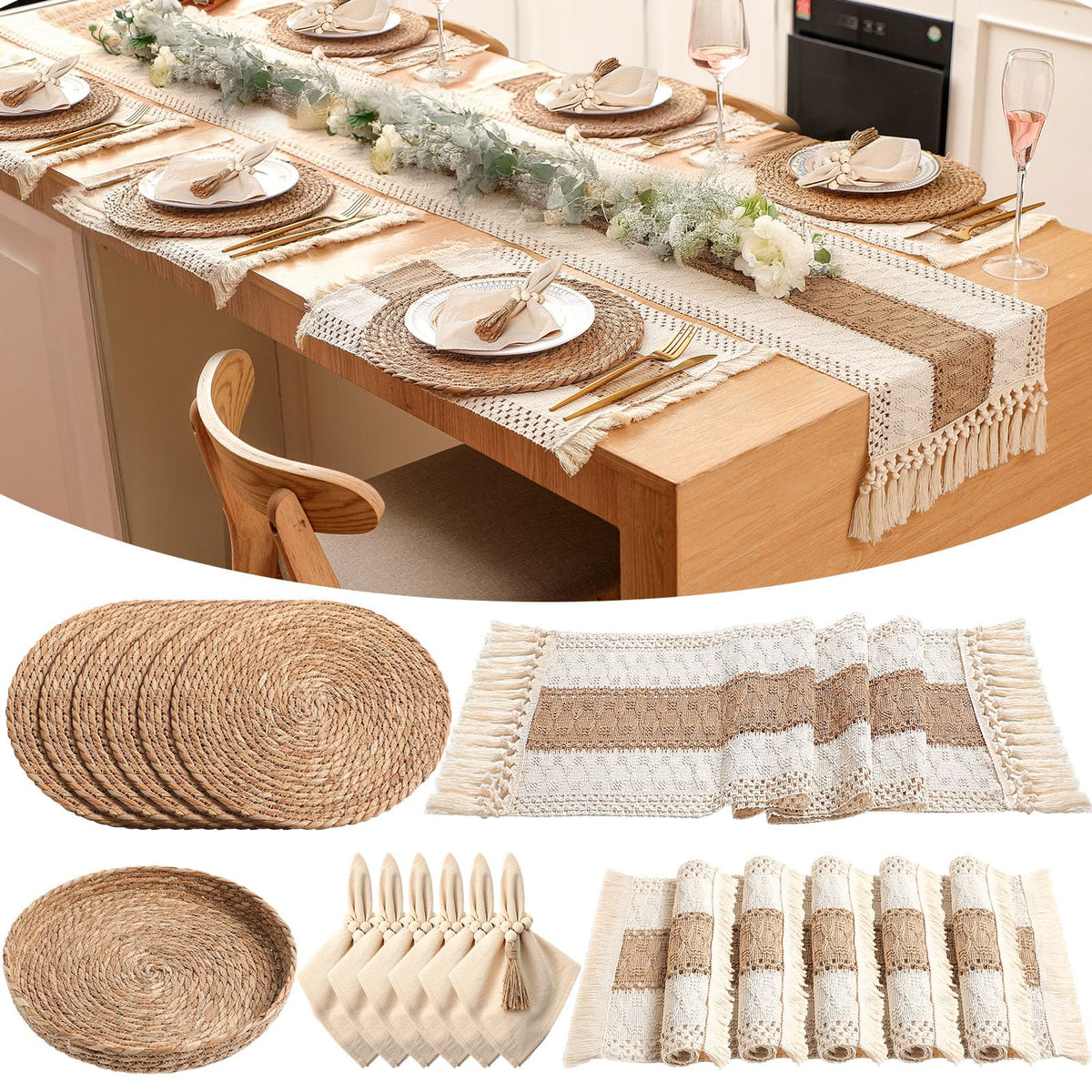 6 Sets Boho Table Runner and Woven Round Placemats Set, Khaki, 12x72