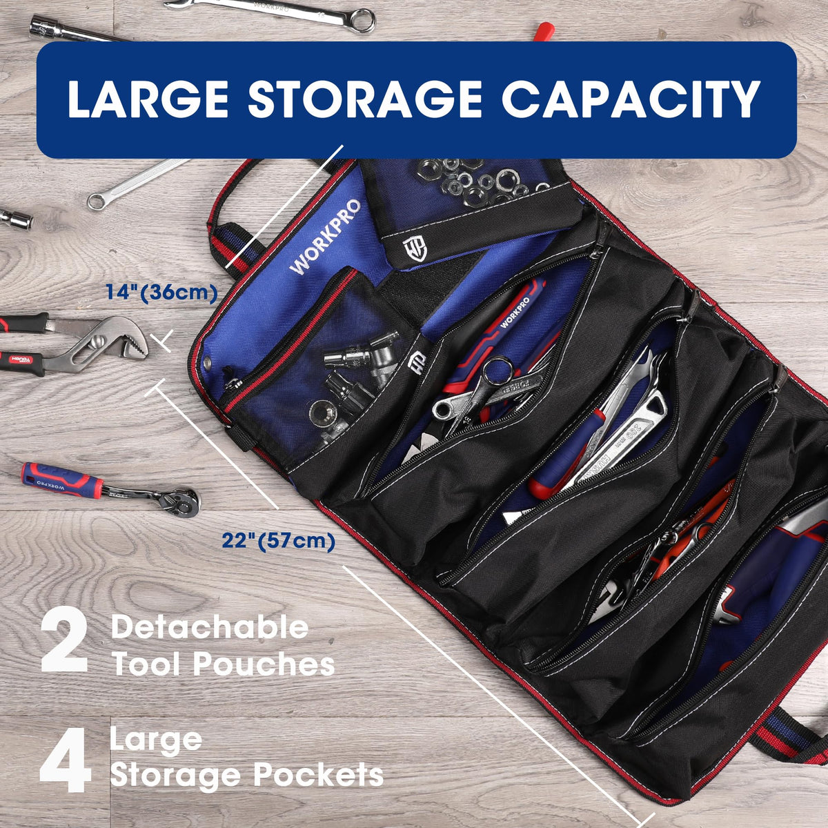 Roll Up Tool Bag, Tool Roll Organizer with 4 Pockets & 2 Pouches