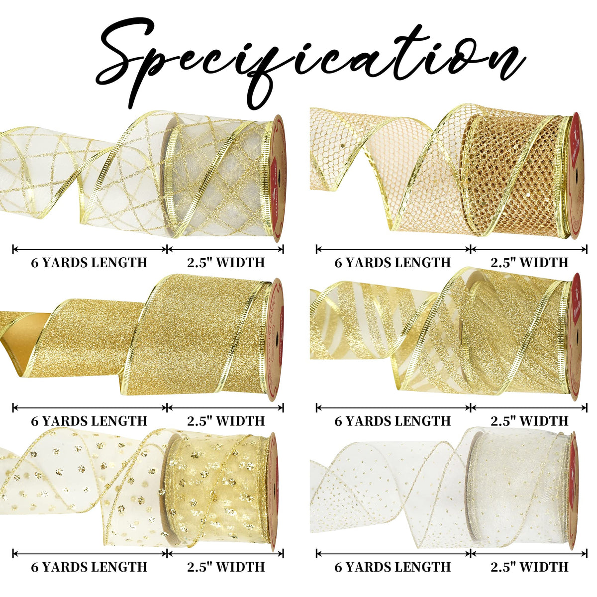 MEEDEE White and Gold Ribbon for Christmas Tree 2.5 Inch 6 Rolls 36 Yards Christmas Ribbons Gold Ribbons for