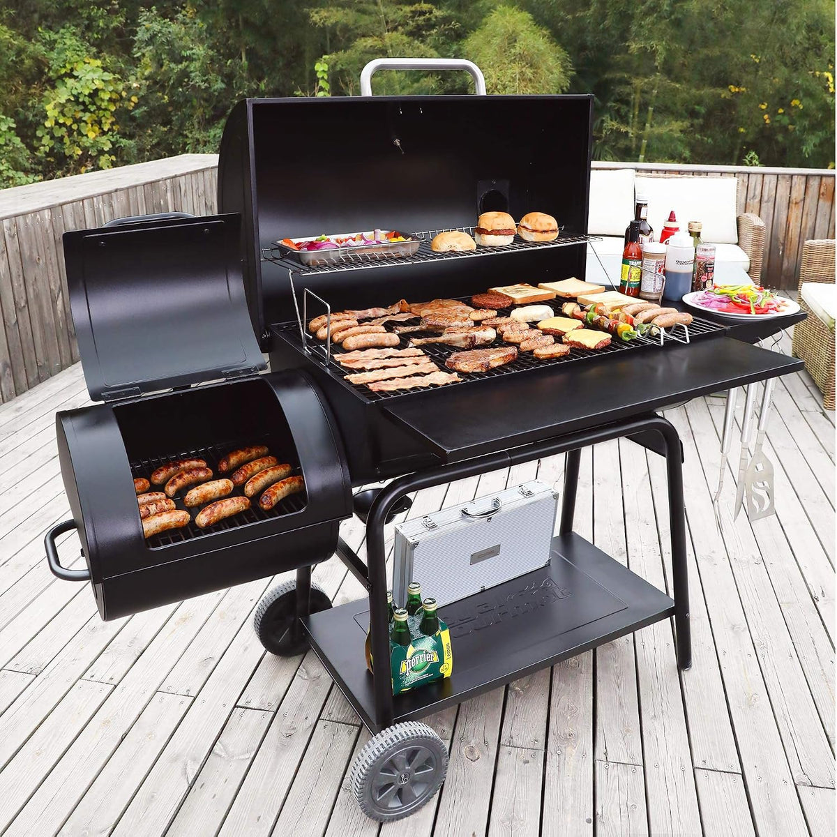 CC2036F Barrel Charcoal Grill with Offset Smoker, Outdoor BBQ Grill with 1200 Sq. In. Grilling Area for Large Event