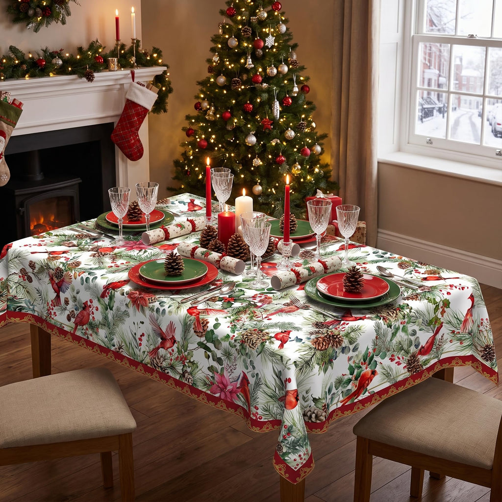 Christmas Tablecloth 60x84 Inch, Red Cardinal & Holly Berry Water Resistant Rectangular Table Cover, Rustic Winter