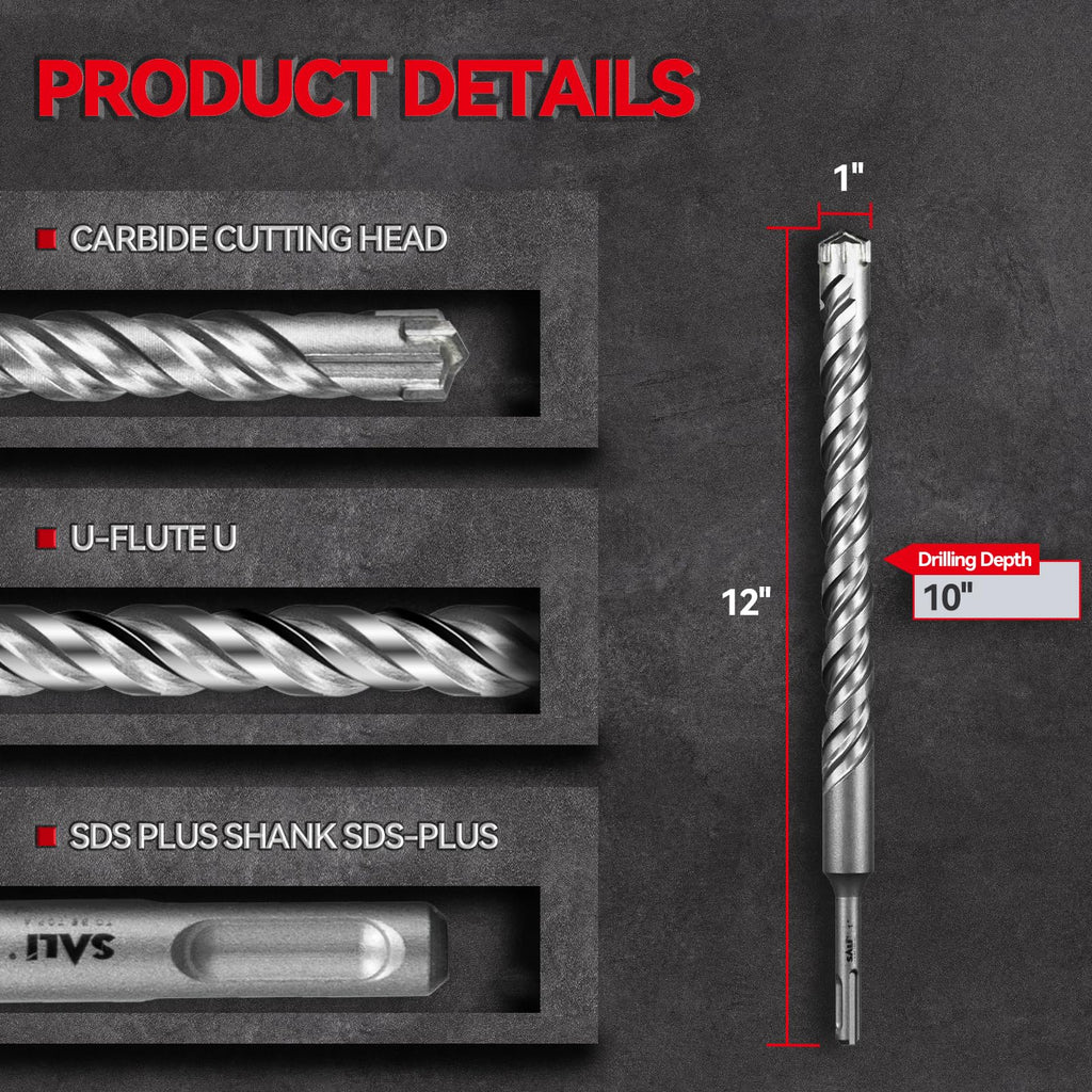 SALI SDS Plus Rotary Hammer Drill Bit 4Pcs 1"*12" Concrete Drill Bit Kit Cross-Type Double Thread Carbide Material Suitable for Concrete, Brick, Cement Walls, Stone, Hammer Drill Bits for Concrete