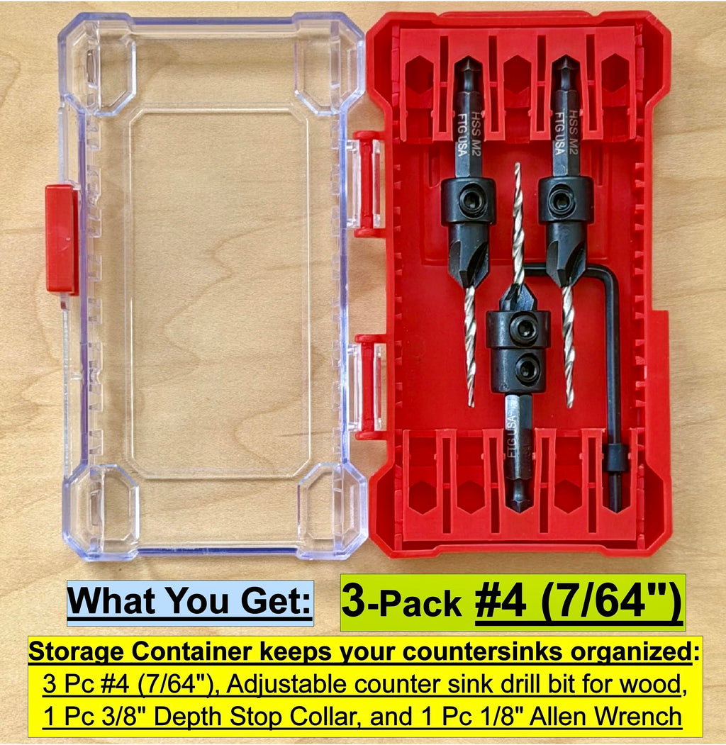 FTG USA 3-Pk #4 (7/64") Countersink Drill Bit Set, 1 Stop, 1 Wrench & Case