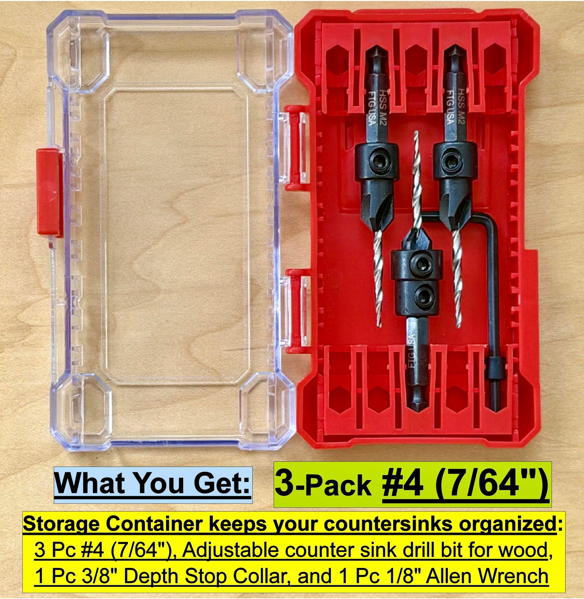 FTG USA 3-Pk #4 (7/64") Countersink Drill Bit Set, 1 Stop, 1 Wrench & Case