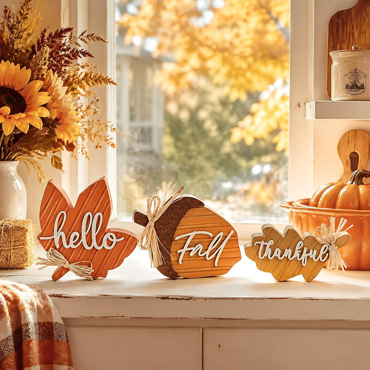 Fall Decorations for Home, 3Pcs Wooden Fall Decor with Maple Leaf Oak Leaf and Acorn for Indoor Table Decor, Rustic