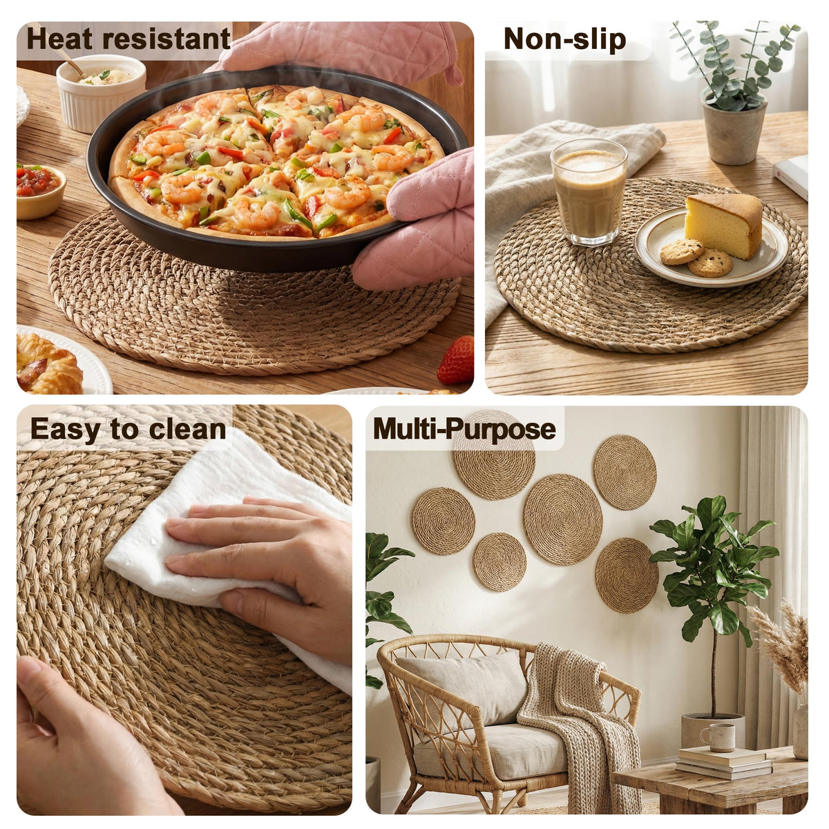 Round Woven Placemats 8PCS 13in Rattan Charger Wicker Boho Place mat