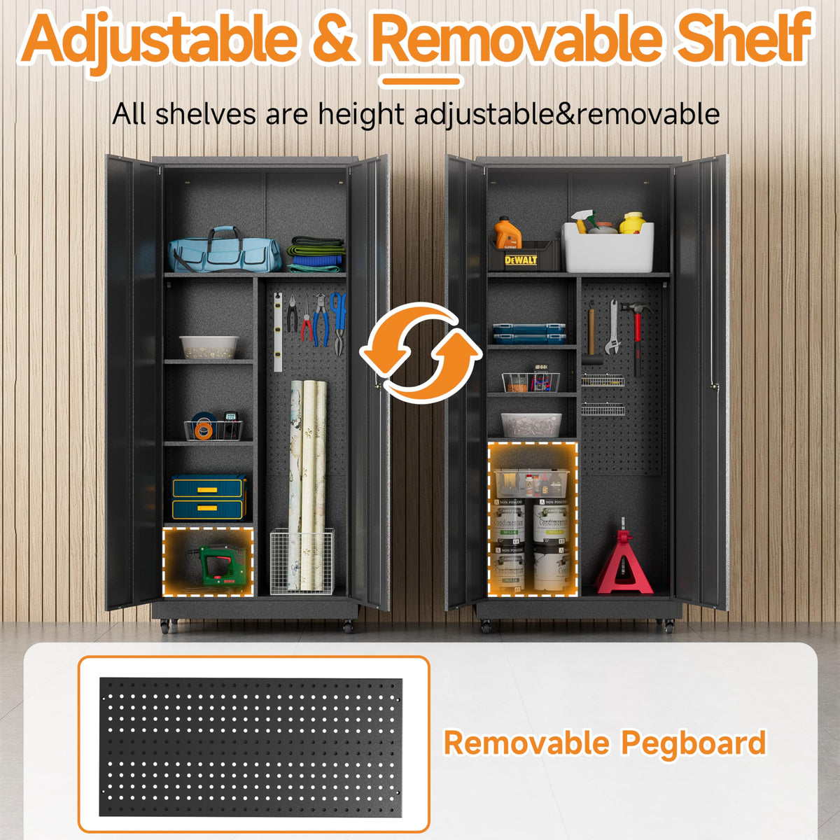 Metal Garage Storage Cabinet with 2 Doors, Adjustable Rolling Tool Storage Cabinet with Lock, 71" Steel Locking Broom