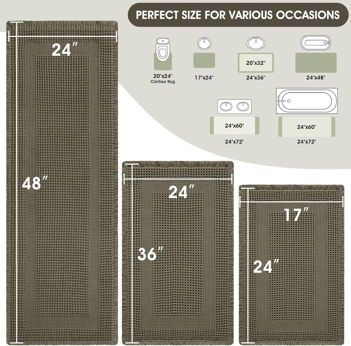Upgraded Waffle Bath Mat Set 3 Piece Greyish Green-Looped, Super Absorbent Non-Slip Quick Dry Bathroom Rugs with