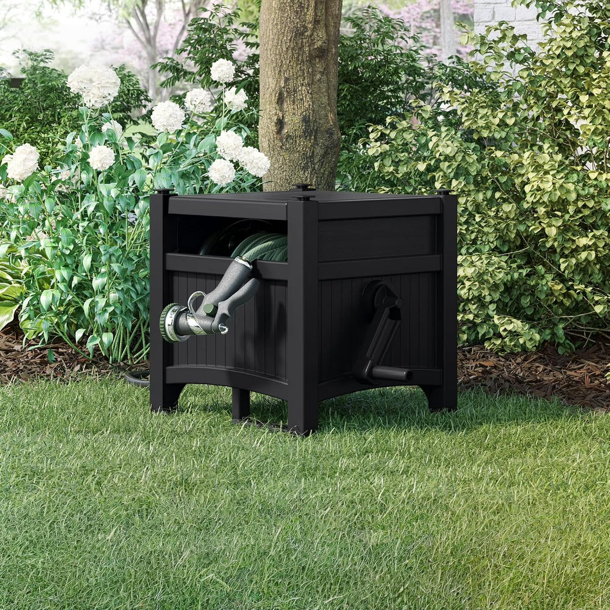 100FT Durable Resin Hose Reel & Hideaway Garden Hose Holder – Wall Mount or Stand, Storage for Garden Hose