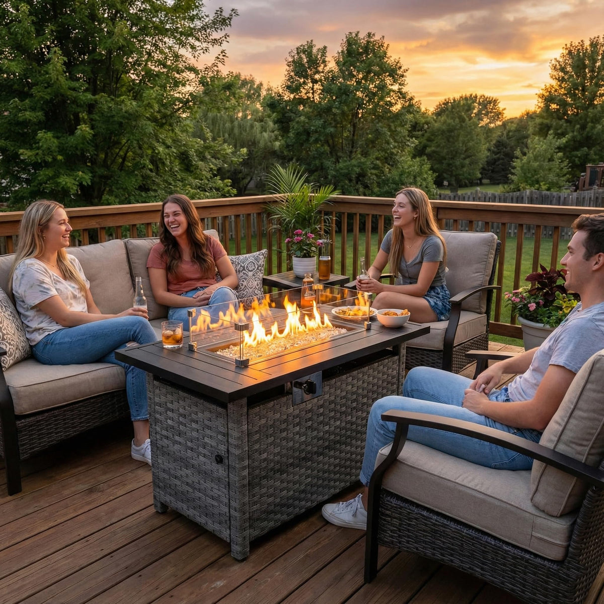 44" Fire Pit Table with Wind Guard for Outdoor, Auto-Ignition Propane Gas Firepits Rattan Rectangular Table for