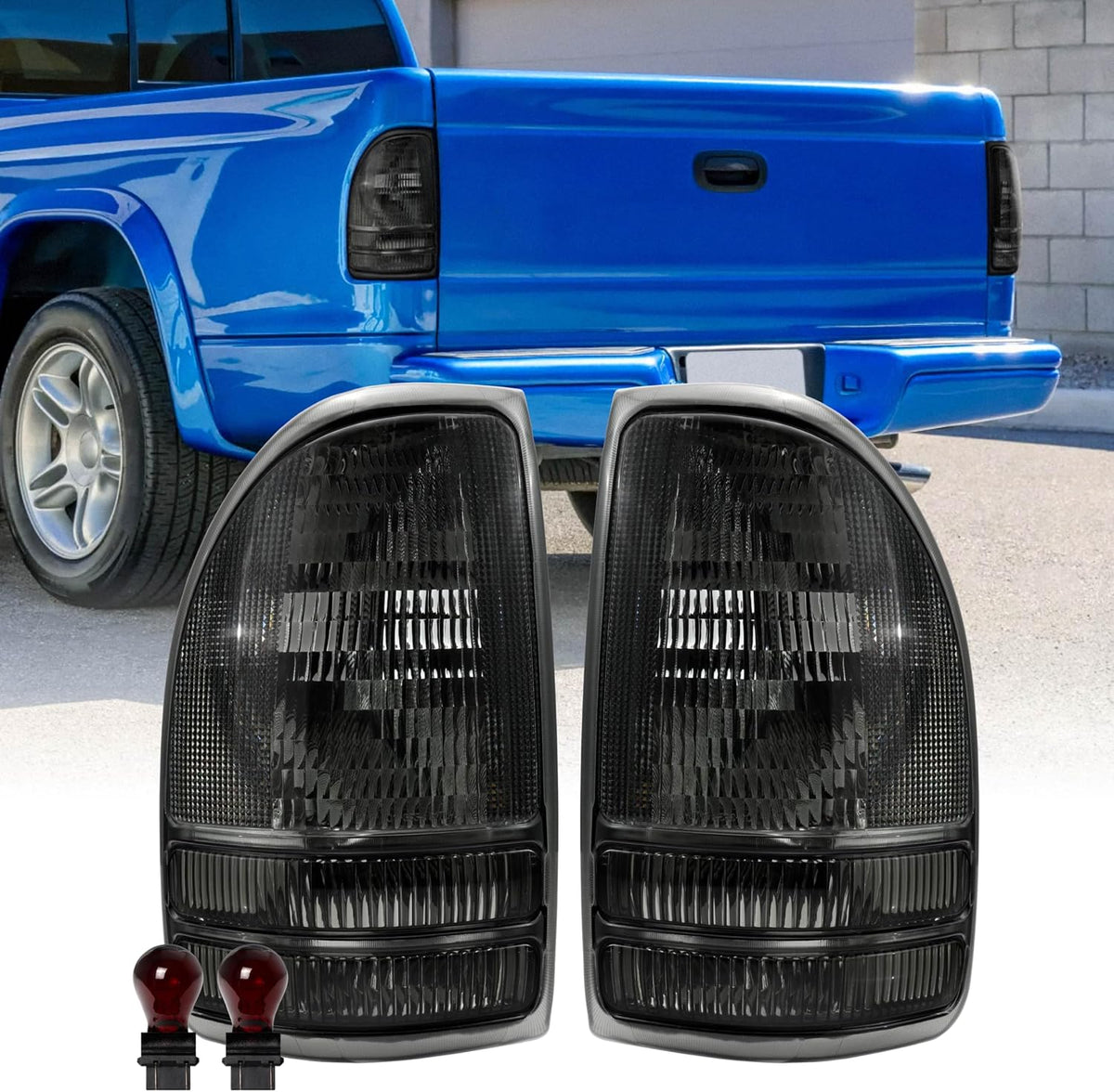 USR 97-04 Dakota PickUp Tail Light – Rear Tail Lamps (Left + Right) Pair - Compatible with 1997-2004 Dodge Dakota Pick Up Truck All Models/Trims (SMOKE TAIL LIGHTS/PLUG AND PLAY READY)