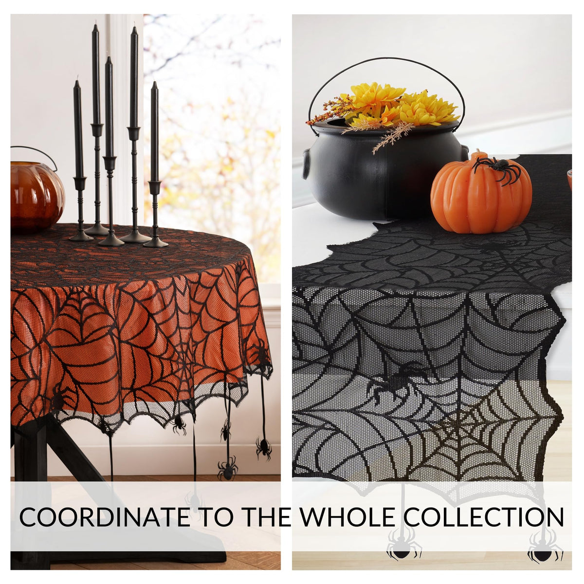 Crawling Halloween Spider Lace Lined Tablecloth, Black - 60" W x 84" L