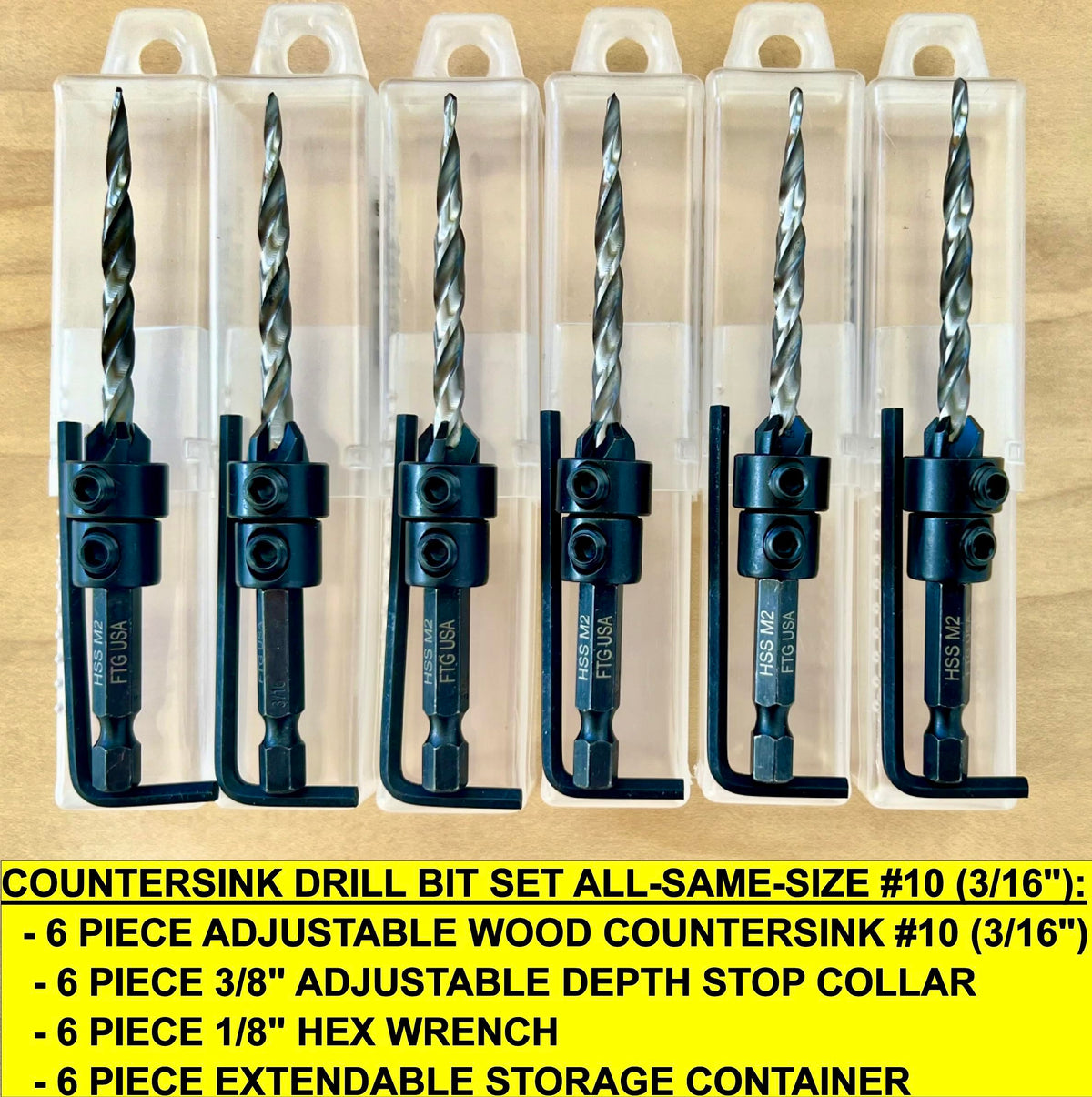 FTG USA 6 Pc #10 (3/16") Countersink Drill Bit Set with Tapered Drill Bits