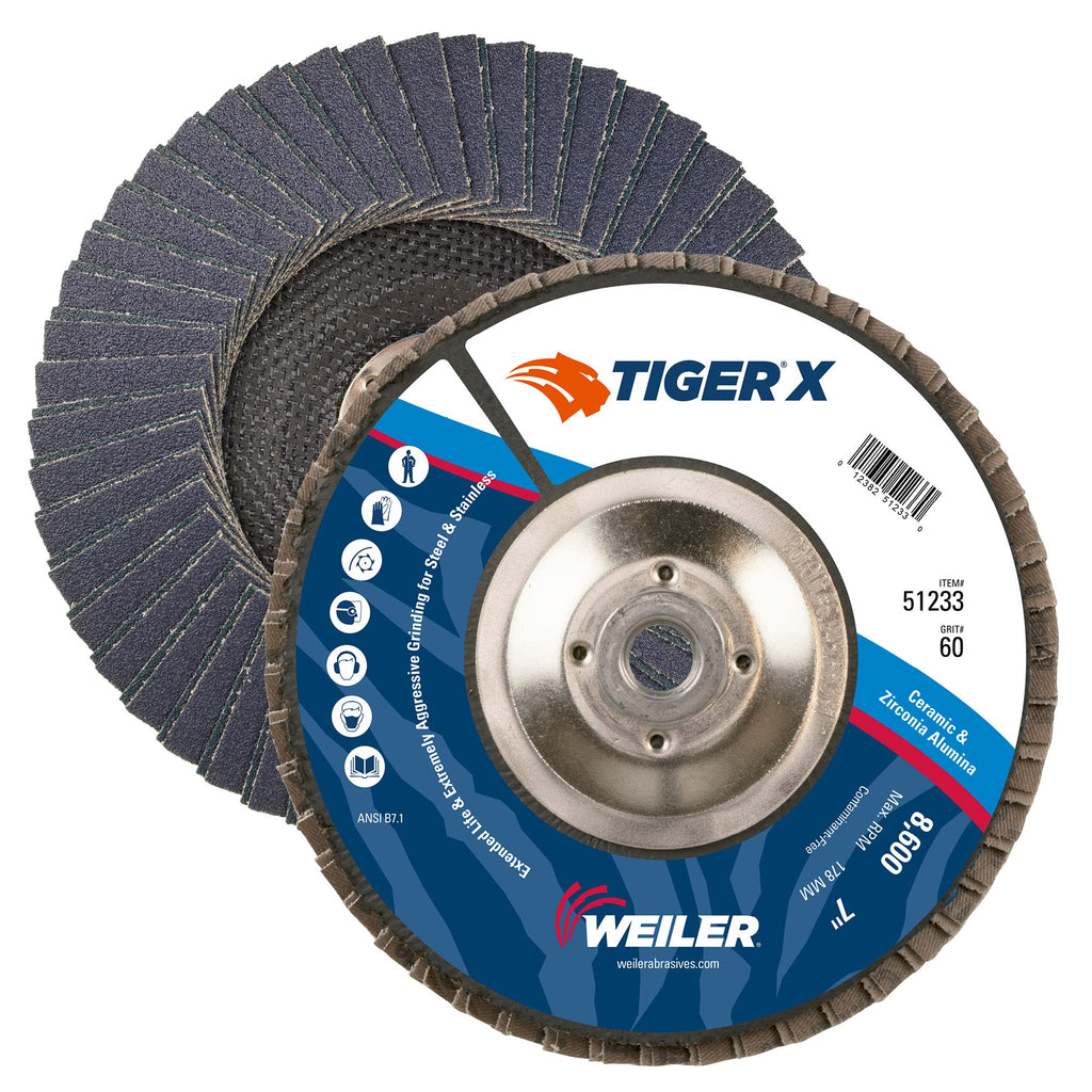 Weiler 51233 Tiger X Flap Disc, Ceramic and Zirconia Alumina, Flat, Phenolic Backing, 60 Grit, 7", 5/8-11" Arbor Hole (Pack of 10)