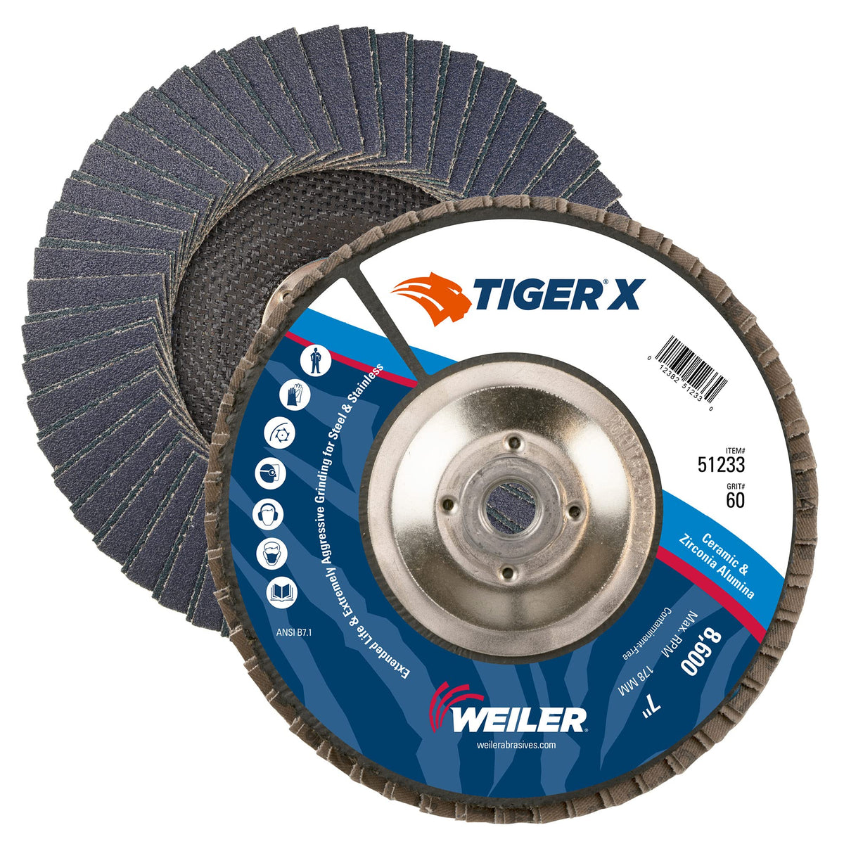 Weiler 51233 Tiger X Flap Disc, Ceramic and Zirconia Alumina, Flat, Phenolic Backing, 60 Grit, 7", 5/8-11" Arbor Hole (Pack of 10)