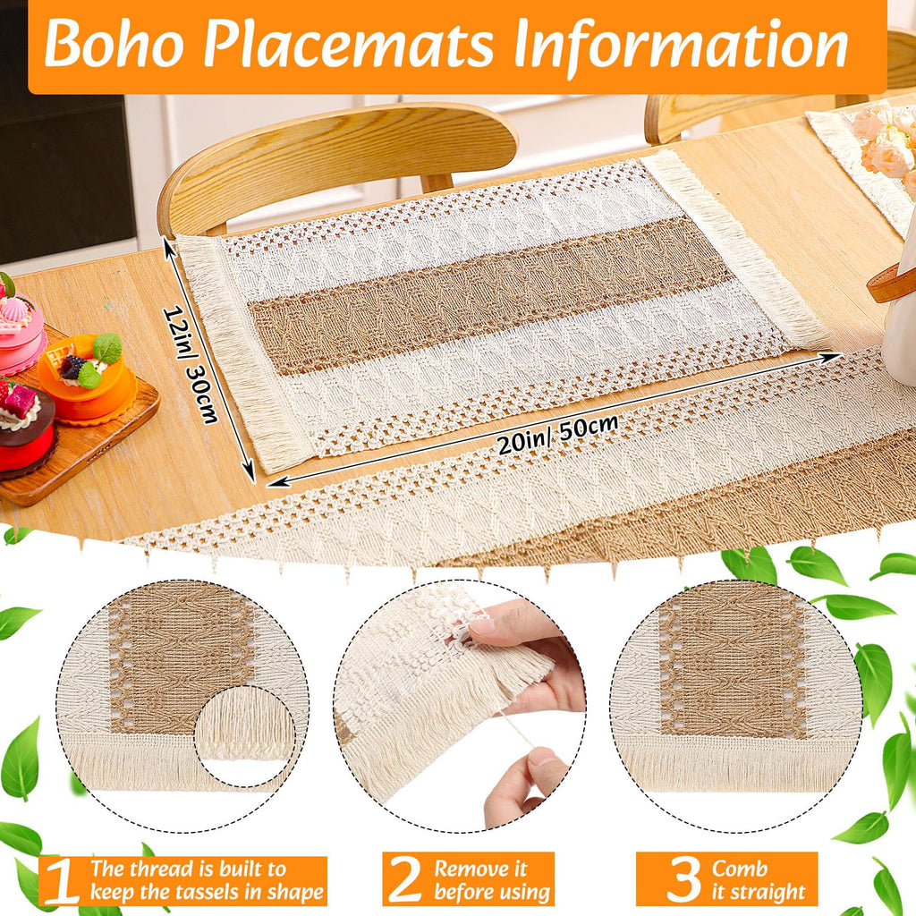 6 Sets Boho Table Runner and Woven Round Placemats Set, Khaki, 12x72