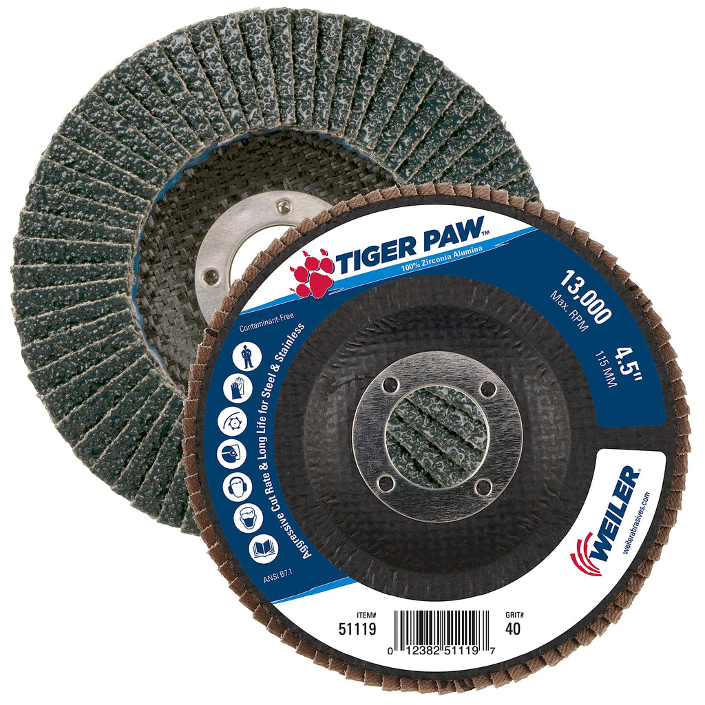 Weiler 51119 4-1/2" Tiger Paw Abrasive Flap Disc, Angled (Ty29), Phenolic Backing, 40Z, 7/8" Arbor Hole (Pack of 10)