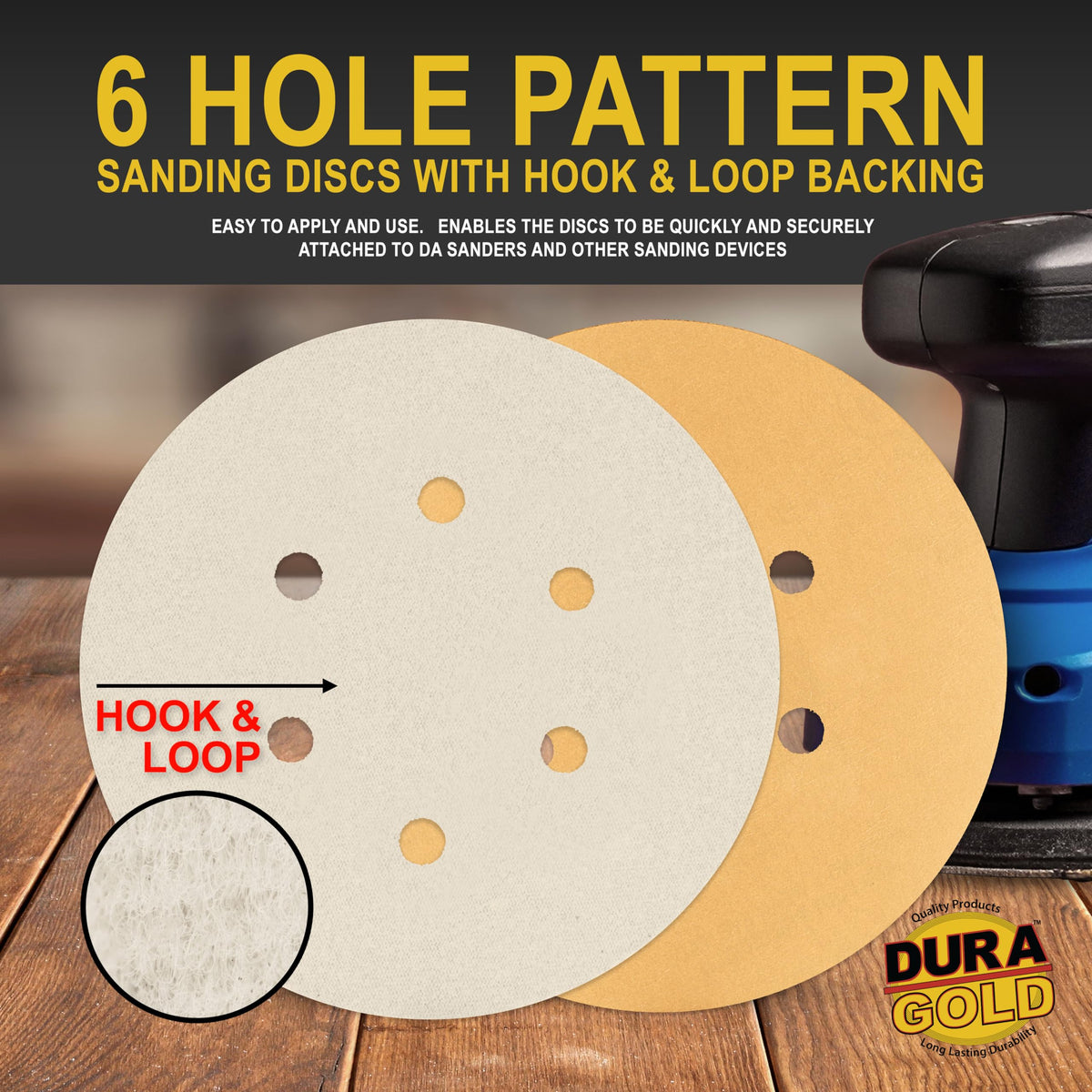 Dura-Gold 6" Gold Sanding Discs, 600 Grit, Box of 50, 6 Hole Pattern, H & L
