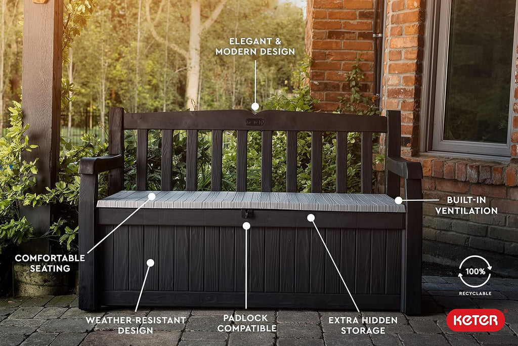 Keter Solana 70 Gal Outdoor Storage Bench for Patio and Pool Accessories | Grey, Resin, Seating, Weatherproof