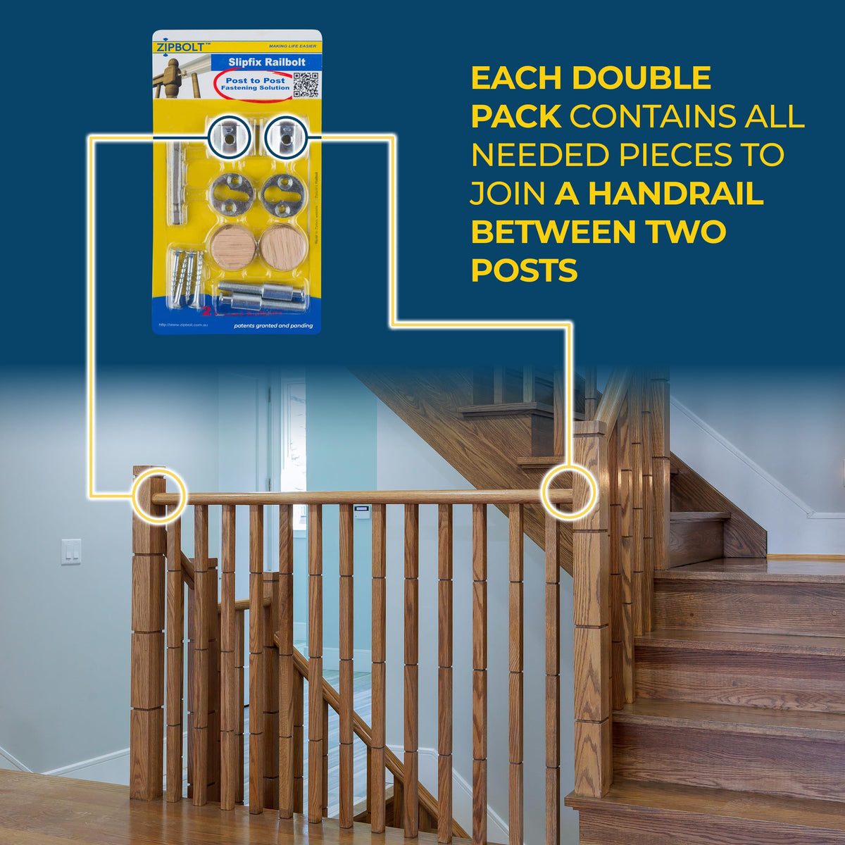 Slipfix Railbolt, Stair Handrail Post-to-Post, 1 x 2-Pack, 13.810