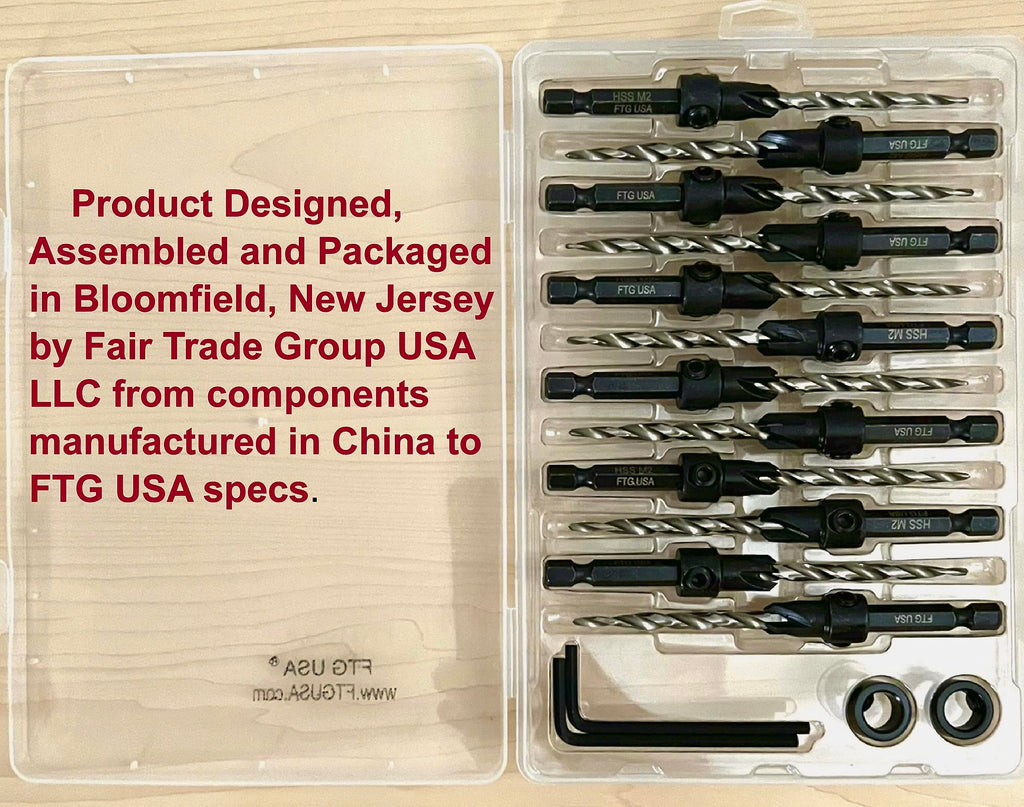 FTG USA 12 Pc #10 (3/16") Countersink Drill Bit Set with Tapered Drill Bits