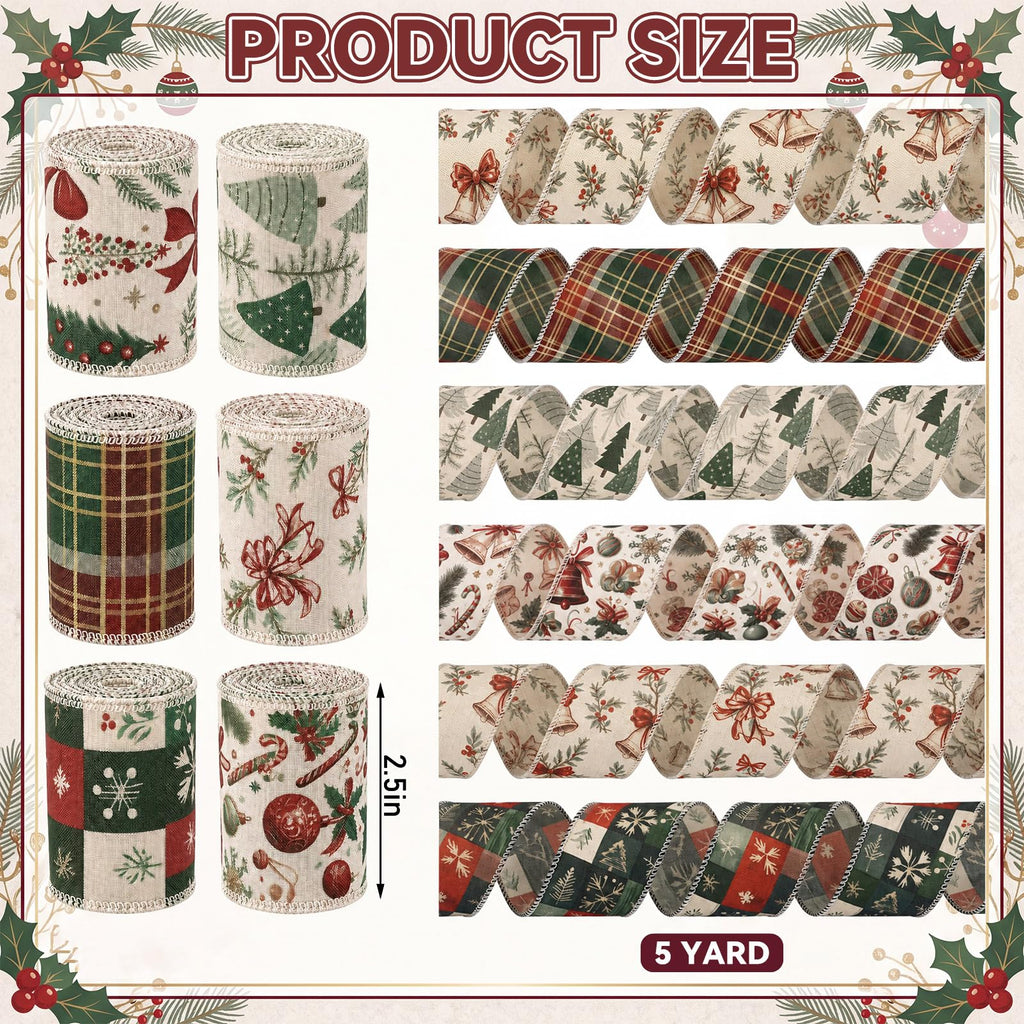 6 Rolls Christmas Wired Ribbon, 2.5 Inch x 30 Yards, Vintage