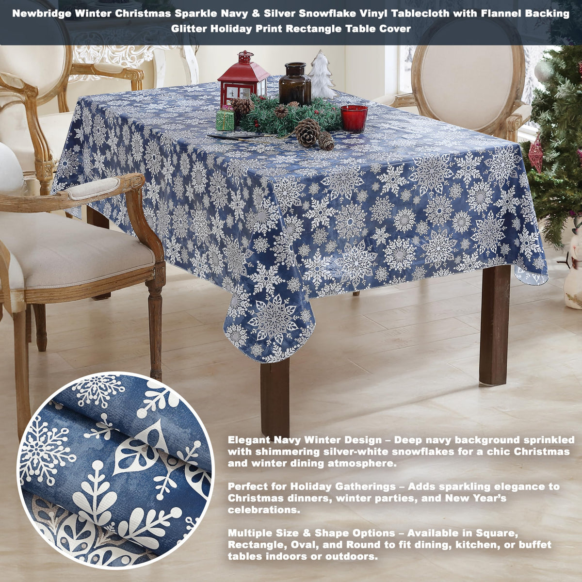 Christmas Navy Snowflake 60 x 120 Rectangle Vinyl Tablecloth