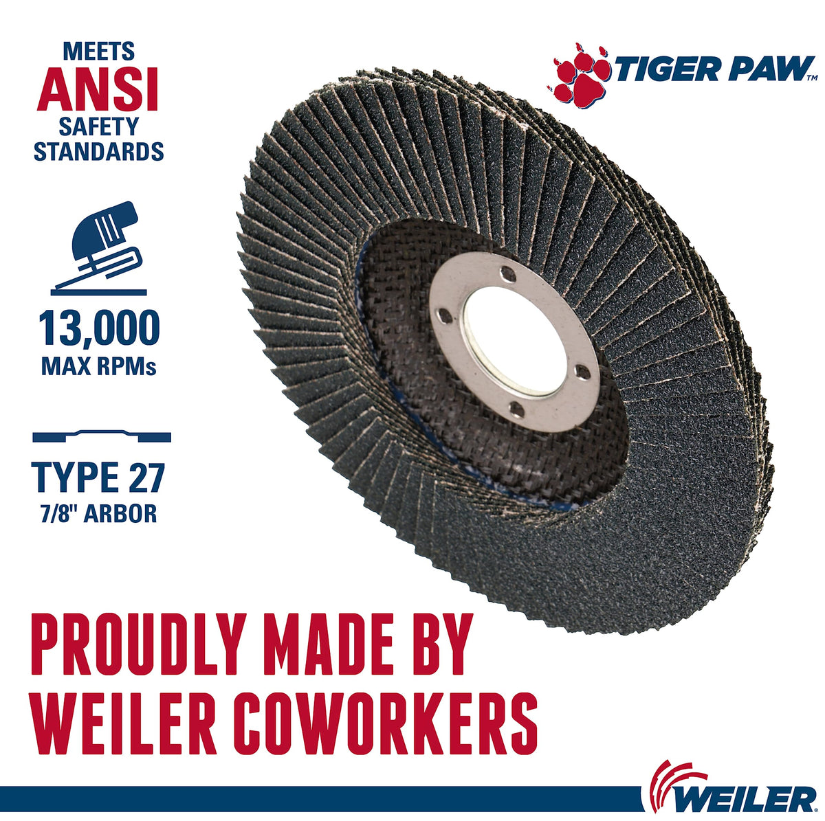 Weiler 51110 4-1/2" Tiger Paw Abrasive Flap Disc, Flat (Ty27), Phenolic Backing, 80Z, 7/8" Arbor Hole (Pack of 10)