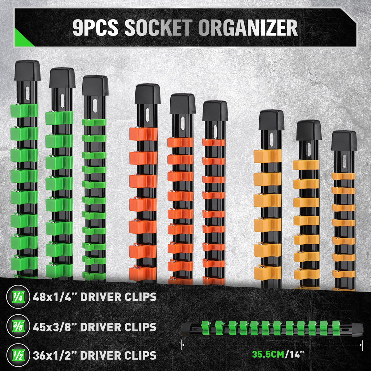 SWANLAKE Organizer Socket Holder, 9PCS 1/4-Inch x 48 Clips, 3/8-Inch x 45 Clips, 1/2-Inch x 36 Clips, Premium Quality