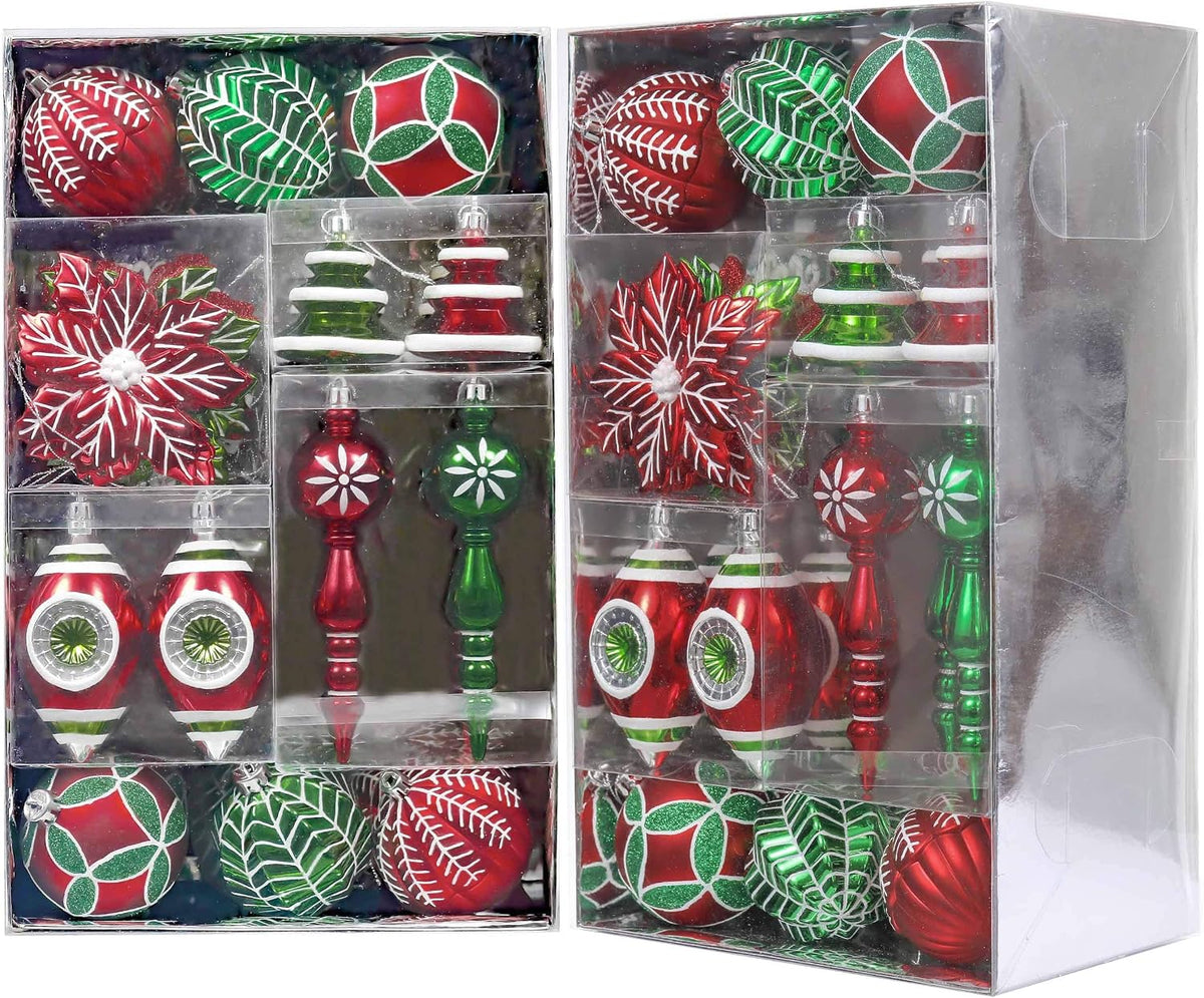 Christmas Tree Ornaments Set, 50ct Red Green White Shatterproof Christmas Tree Decorations Bulk, Variety Vintage
