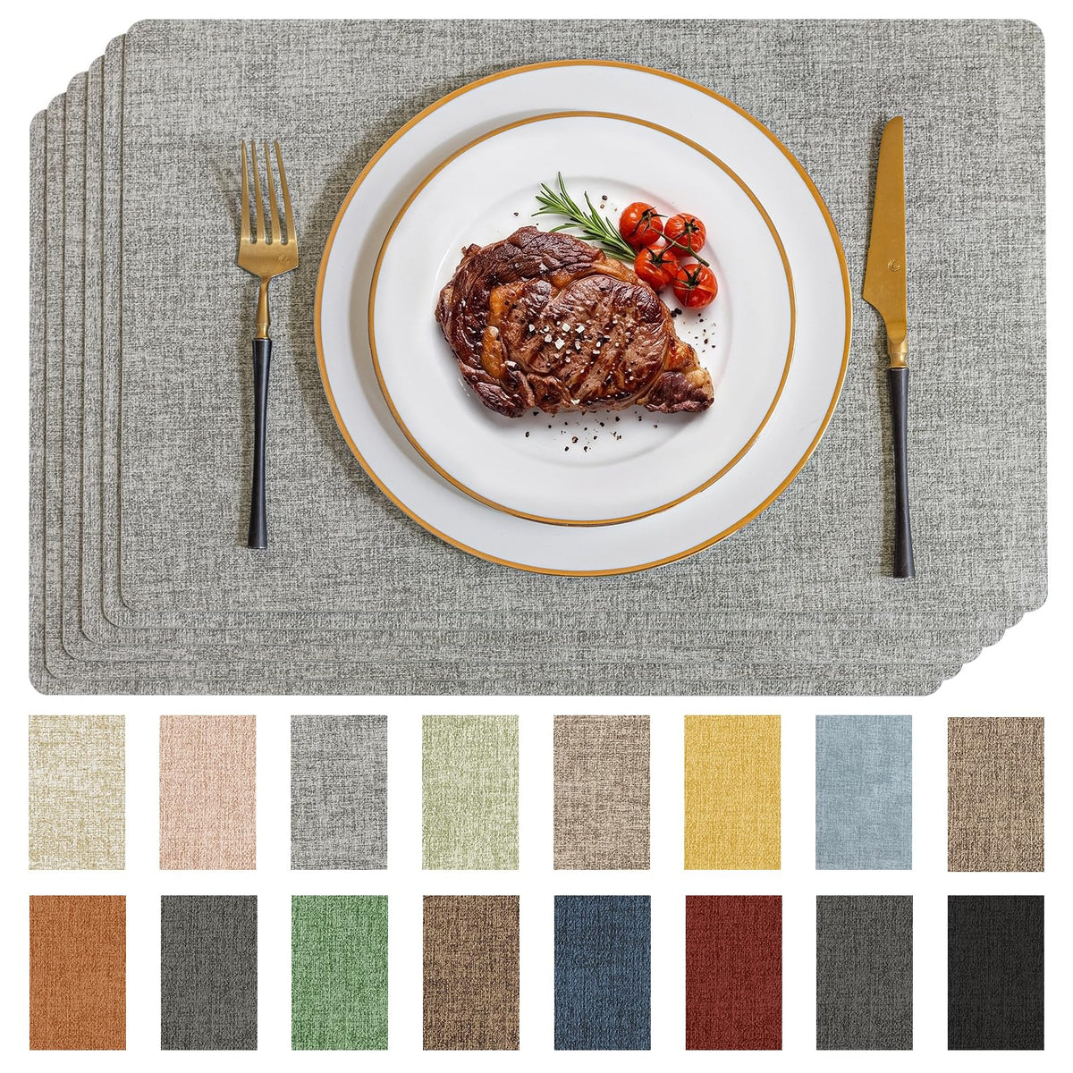 Faux Leather Vinyl Placemats Set of 6, Light Grey