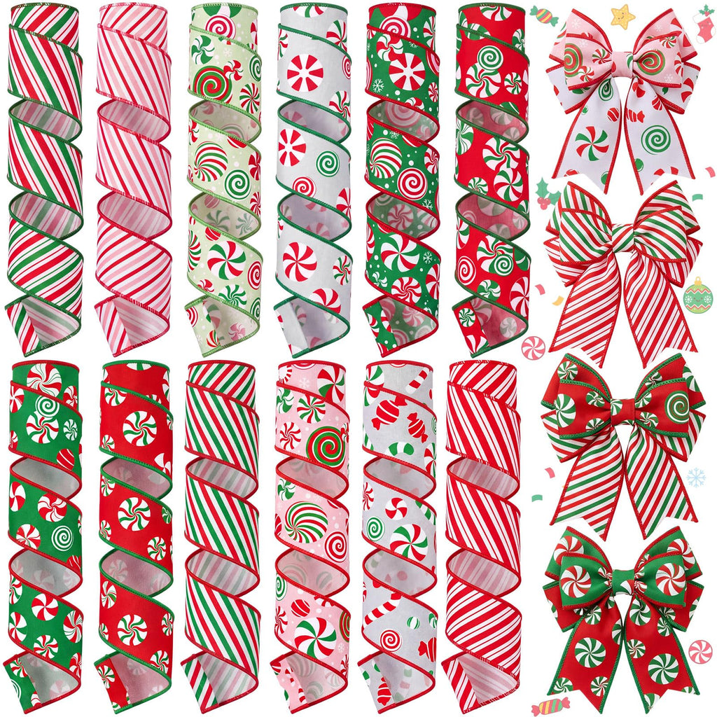 12 Rolls 60 Yard Candy Cane Christmas Wired Ribbon for Wreath Craft