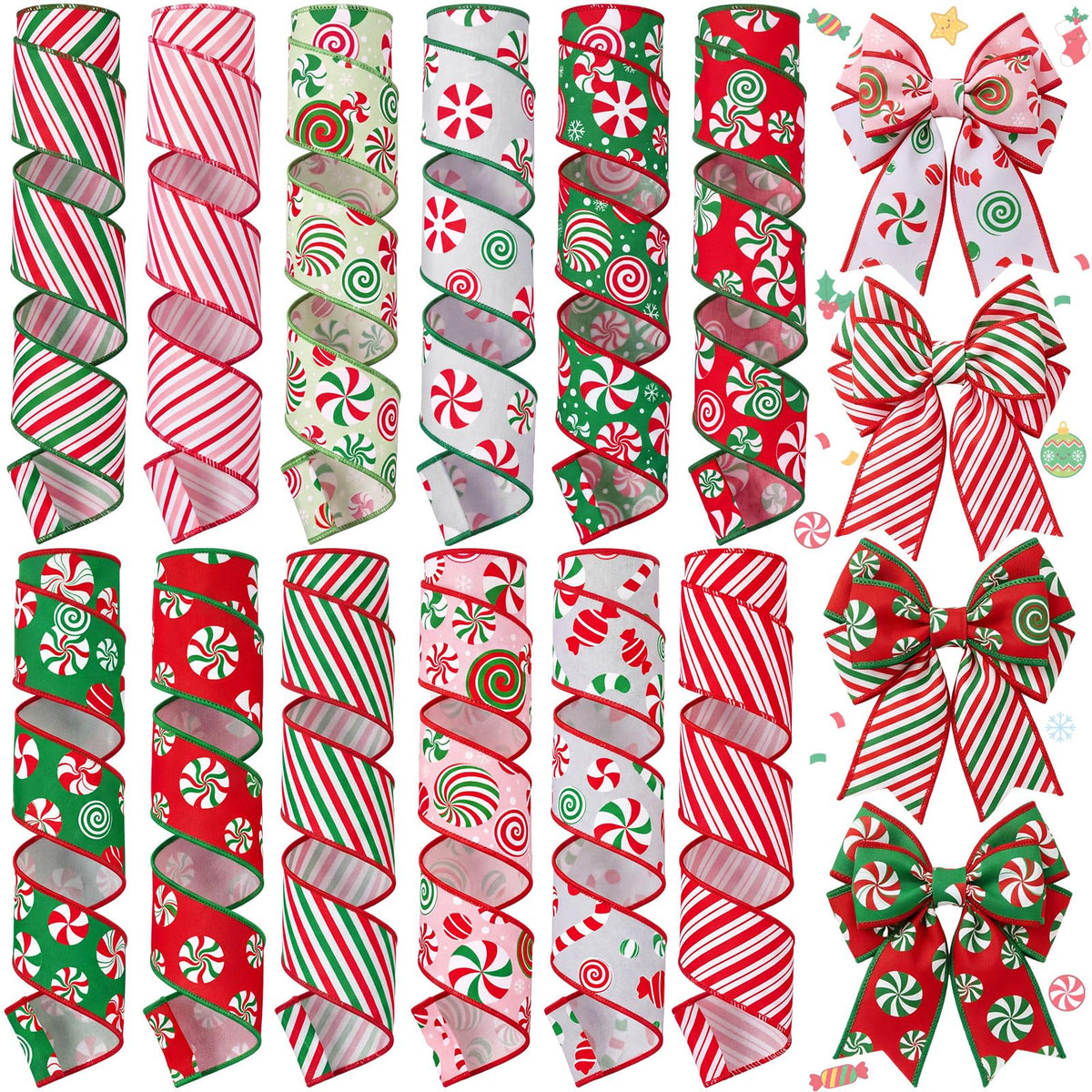 12 Rolls 60 Yard Candy Cane Christmas Wired Ribbon for Wreath Craft