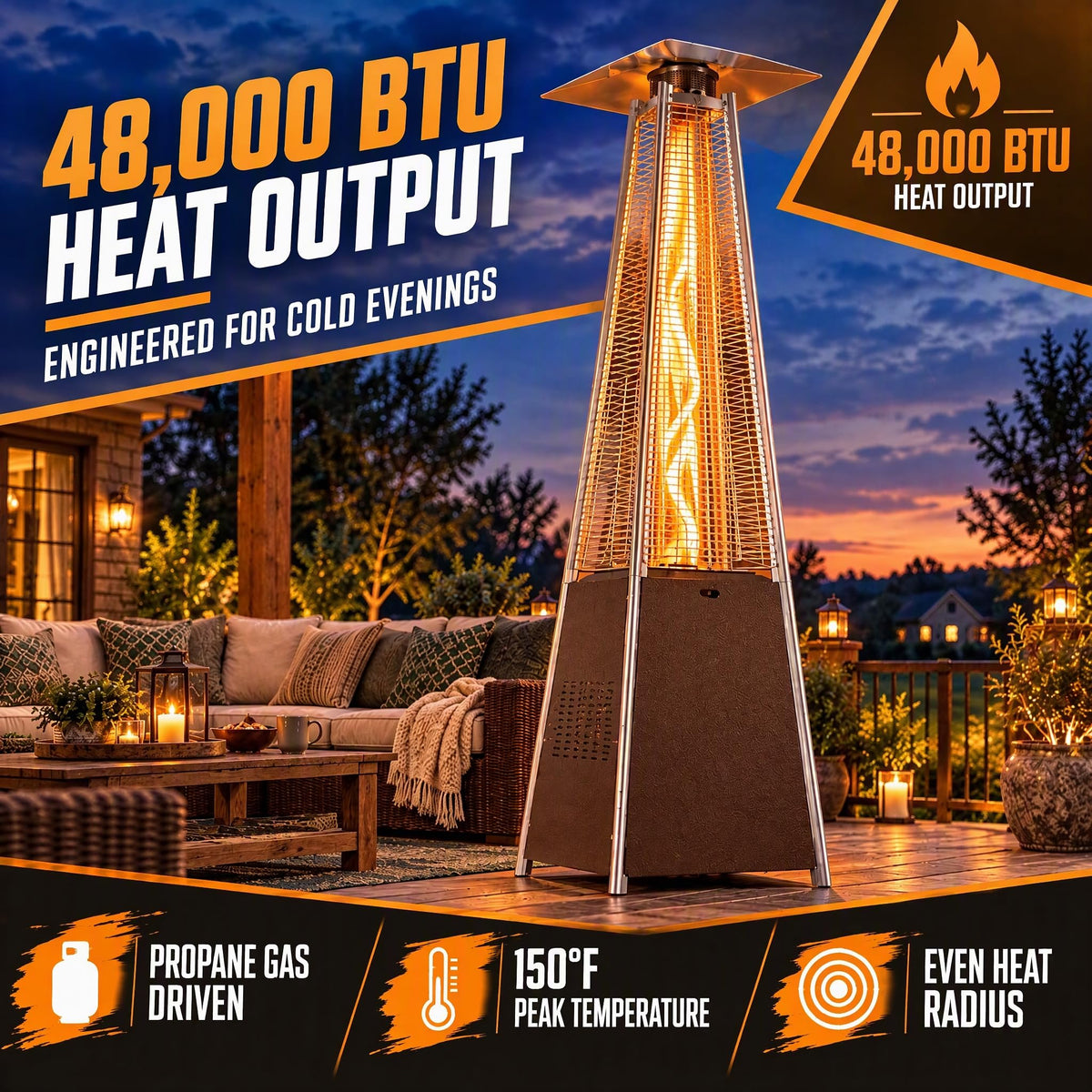48,000 BTU 89" Pyramid Patio Heater, Propane Outdoor Heater, Black