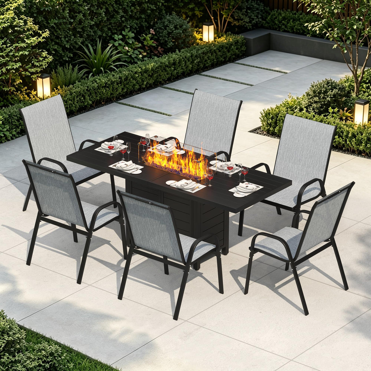 7 Pcs Outdoor Furniture Set w/ 60" Firepit and 6 Pieces Patio Chairs, 50,000 BTU Aluminum Gas Fire Table and