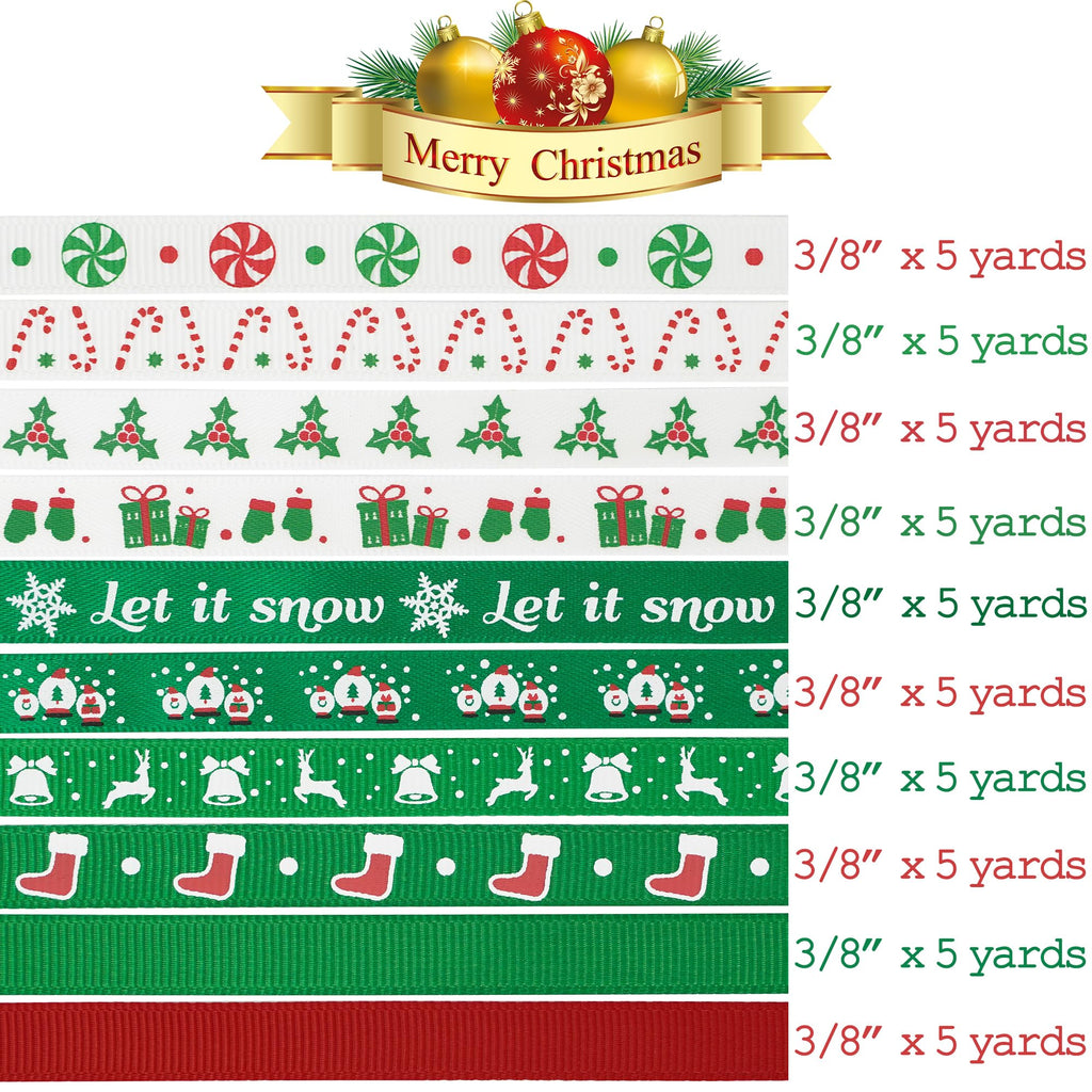 3/8 inch 100 Yards Assorted Christmas Ribbon - Pack of 20 in Red