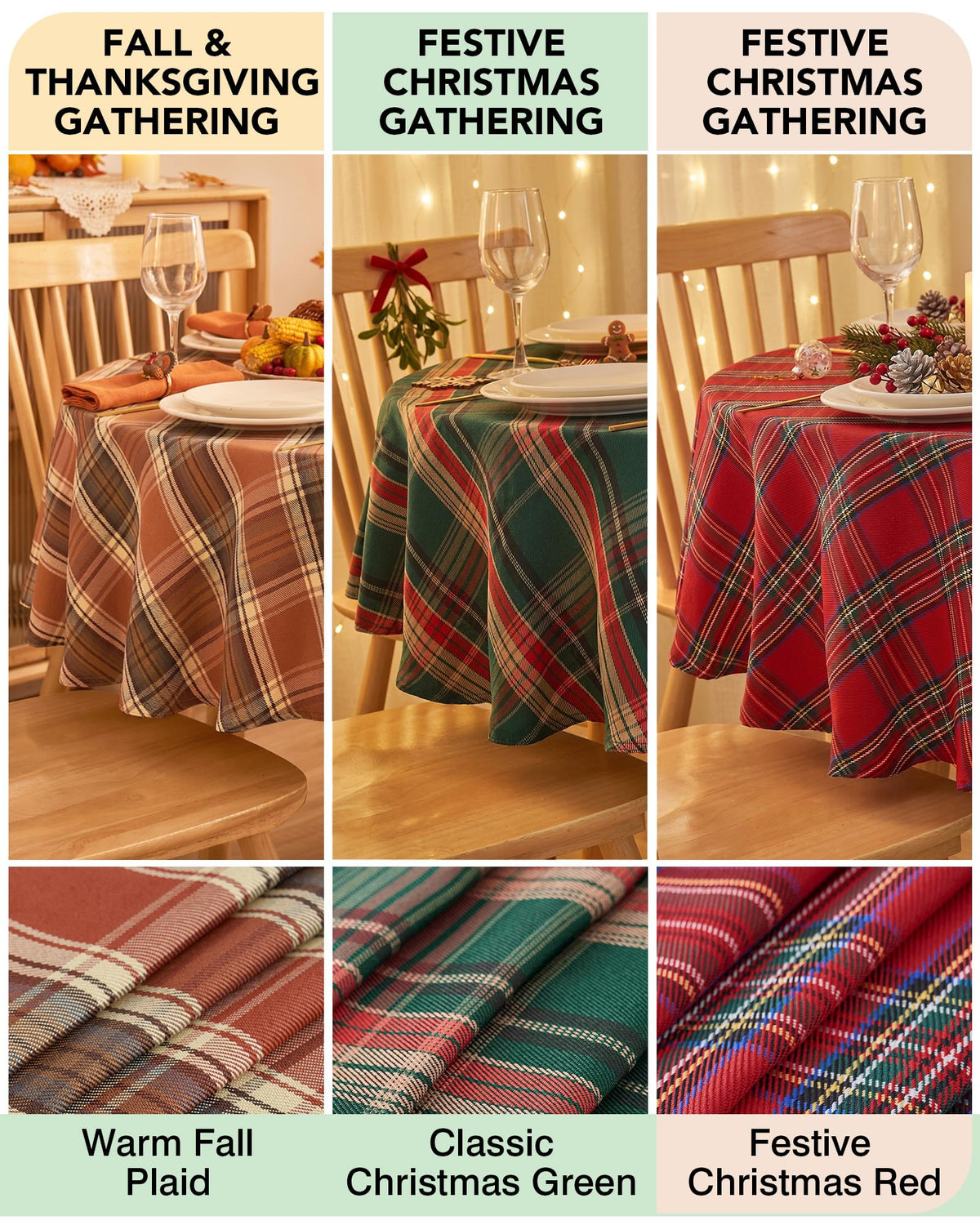 Round Christmas Tablecloth 60 Inch, Green and Red Buffalo Plaid