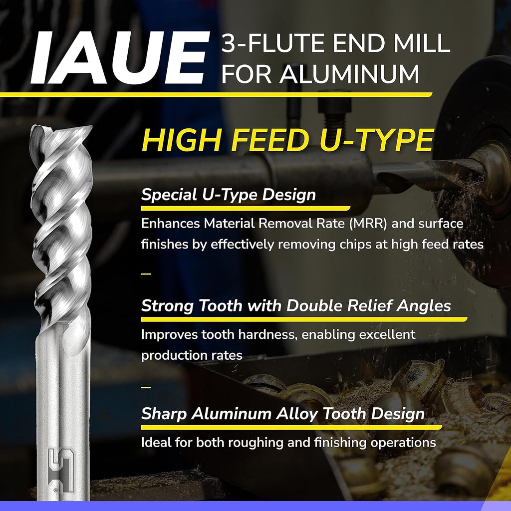 SPEED TIGER Carbide Square End Mill - 3 Flute - IAUE1/2 3 (1 Piece, 1/2") - High Feed U-Type Design - for Roughing and Finishing - for Milling Aluminum Applications – Professional Mill Bits Sets
