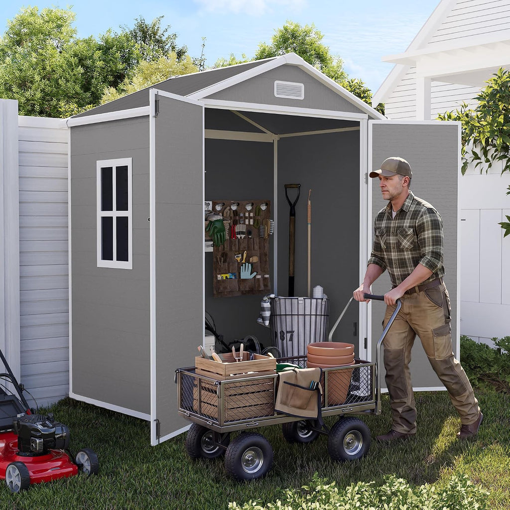 Outdoor Resin Storage Shed 6x4 FT, Plastic Shed for Garden, Grey | Weather UV Resistant, Heavy Floor, Lockable