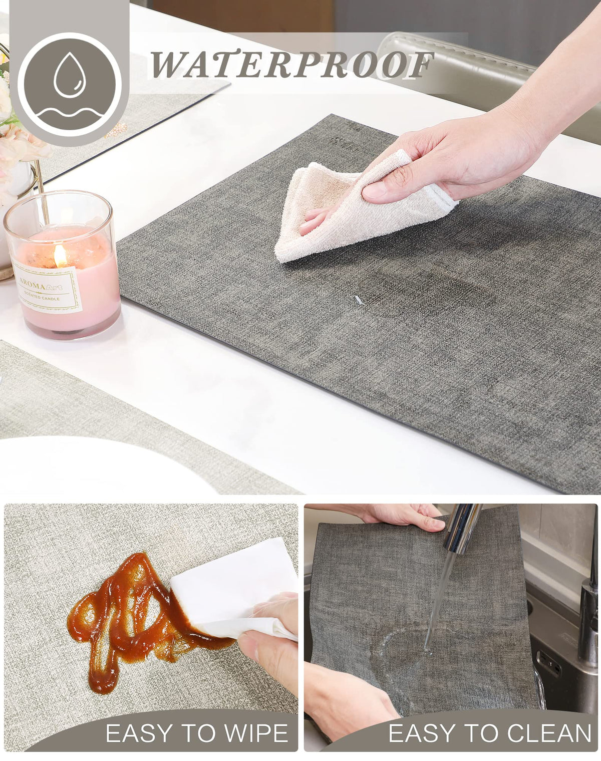 Leather Placemats Table Mats Set of 6, Light Grey & Smoky Grey