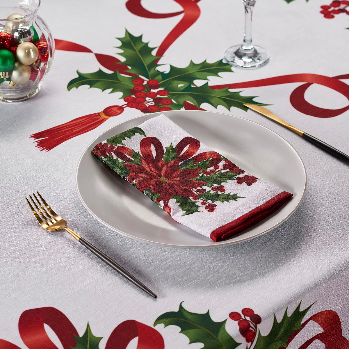 Christmas Ribbon Tablecloth (60 x 102 Inch) for 6 Foot Rectangle Tables, Heavy Duty Fabric, Stain Proof Xmas Ribbon