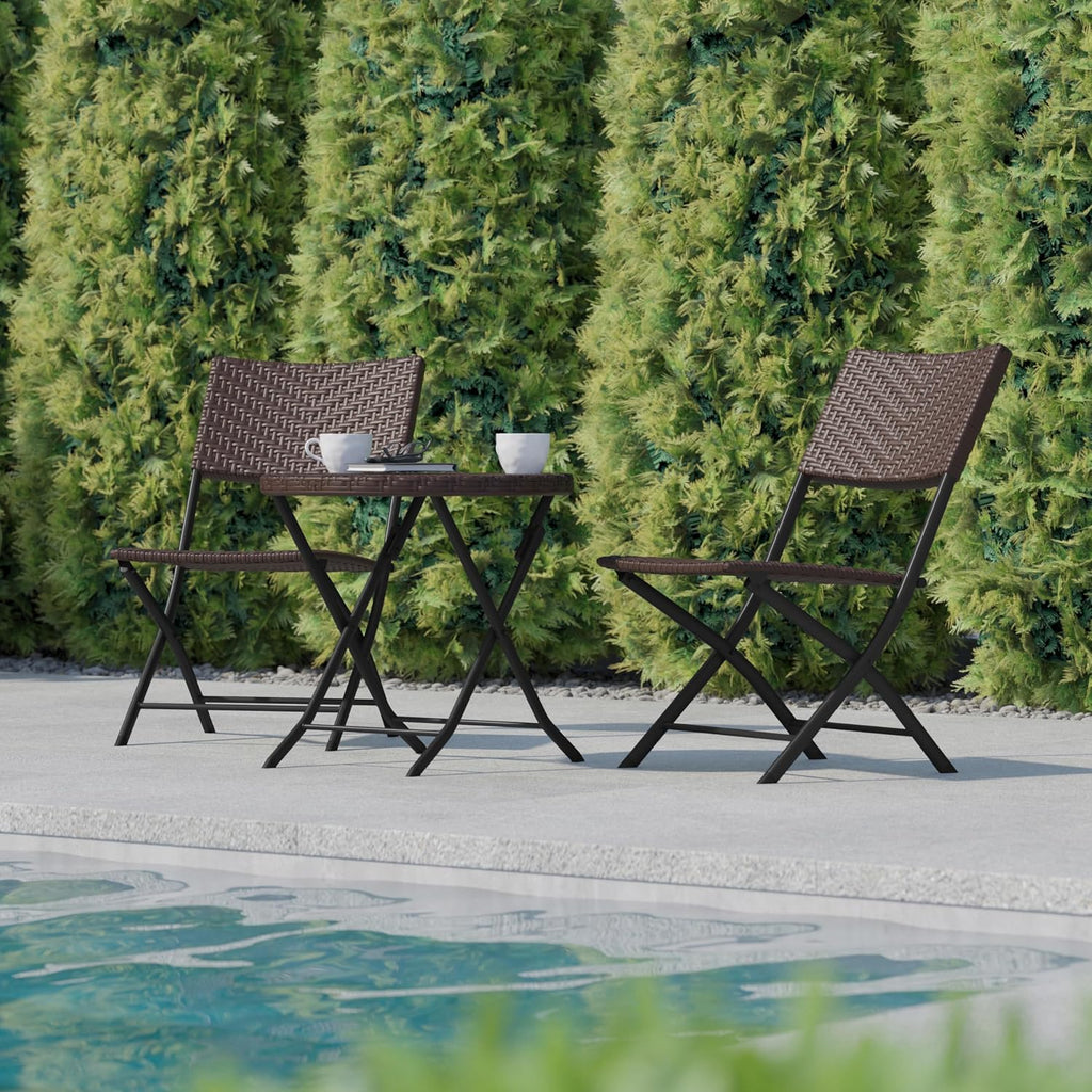 Three Piece Commercial Grade Foldable Bistro Set, Indoor/Outdoor PE Rattan Back, Seat and Table Top, Brown with Black