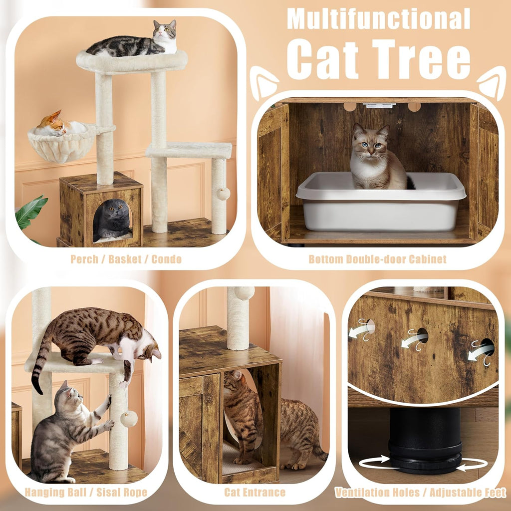 Litter Box Enclosure with Cat Tree, Rustic Brown/Beige