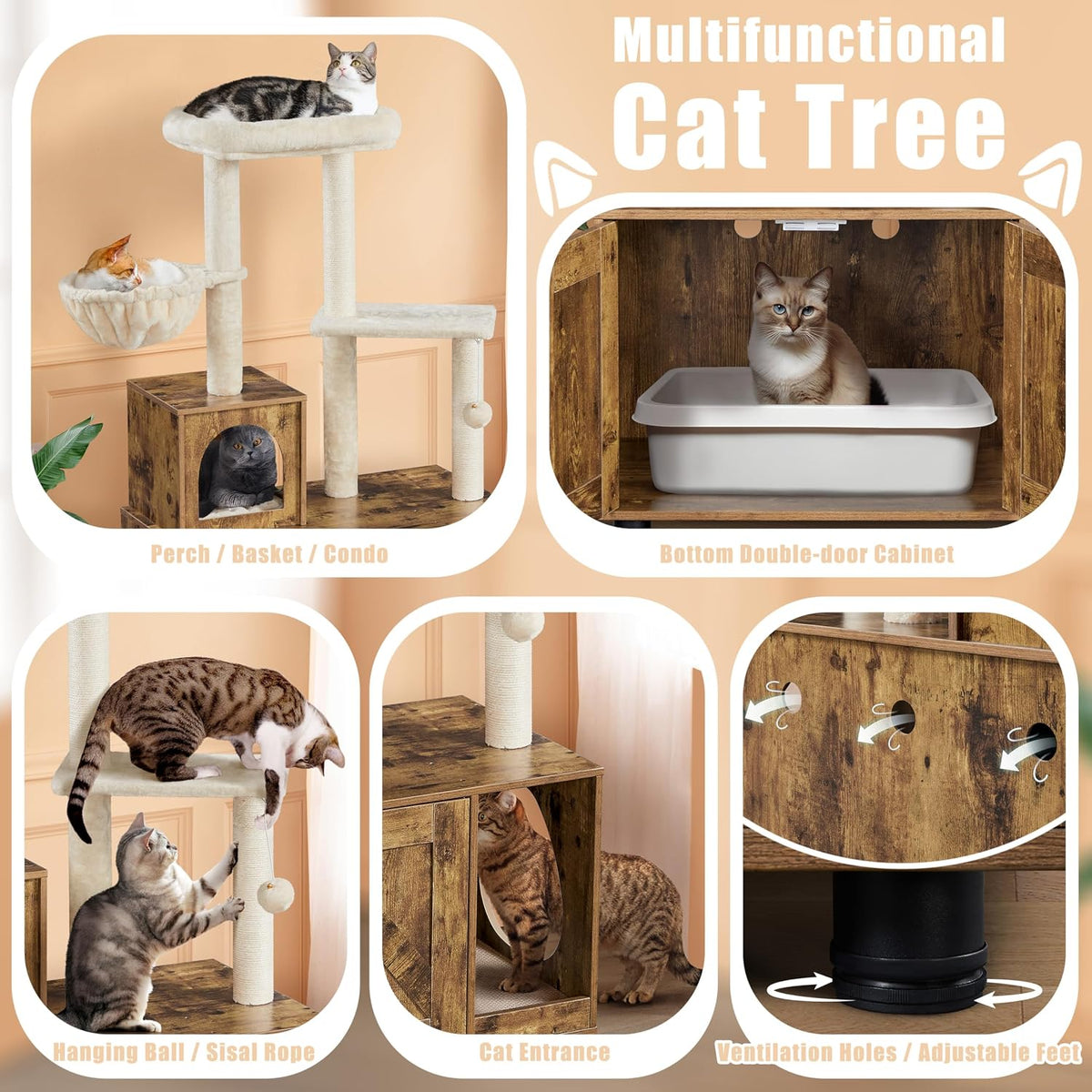 Litter Box Enclosure with Cat Tree, Rustic Brown/Beige
