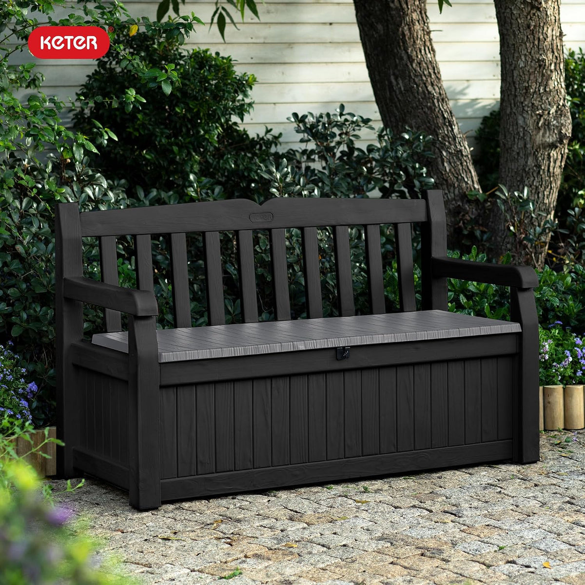 Keter Solana 70 Gal Outdoor Storage Bench for Patio and Pool Accessories | Grey, Resin, Seating, Weatherproof
